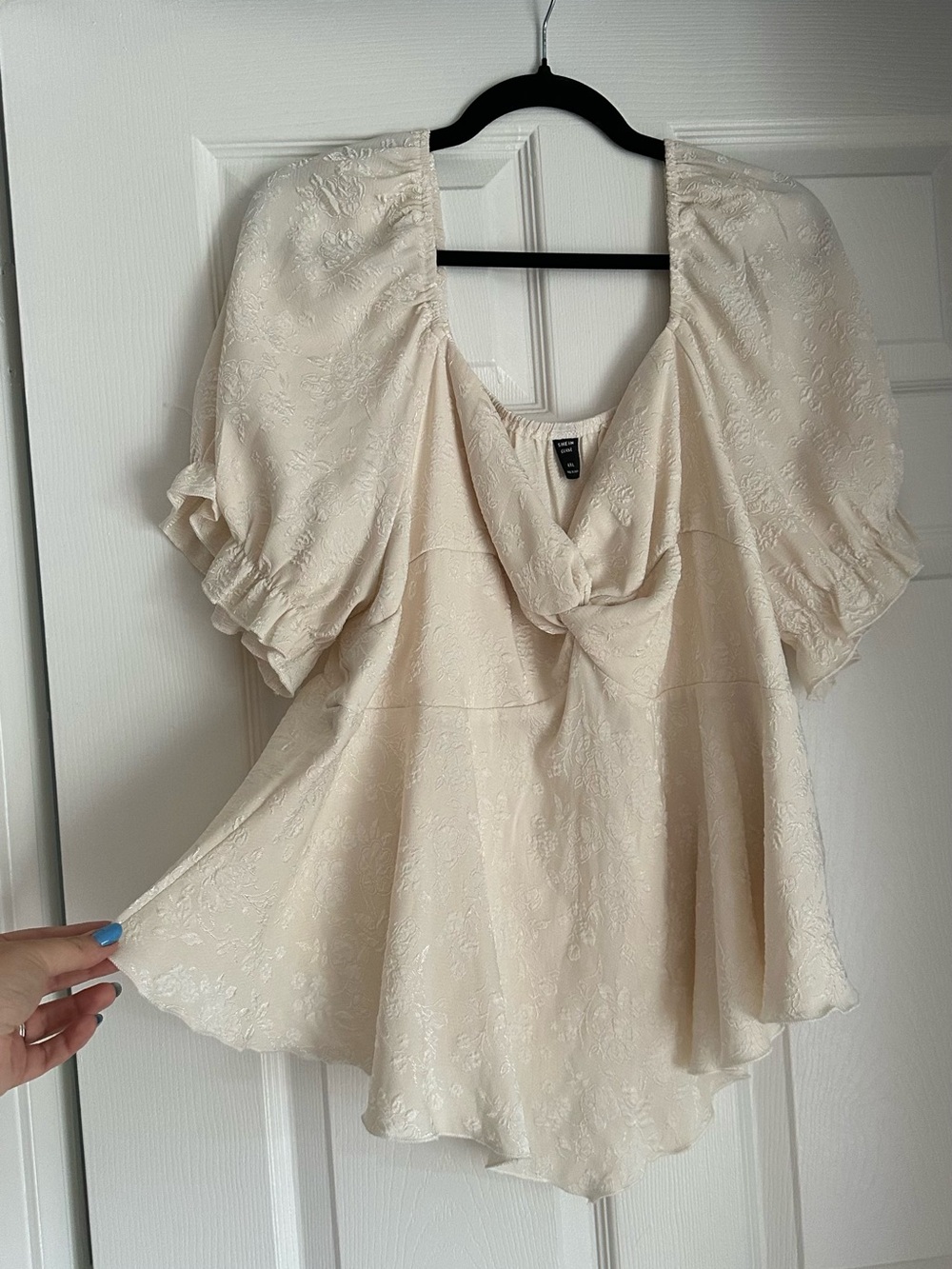 SHEIN Ivory Puff-Sleeve V-Neck Blouse